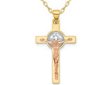 14K Yellow Gold Cross Crucifix and St Benedict Pendant Necklace with Chain 